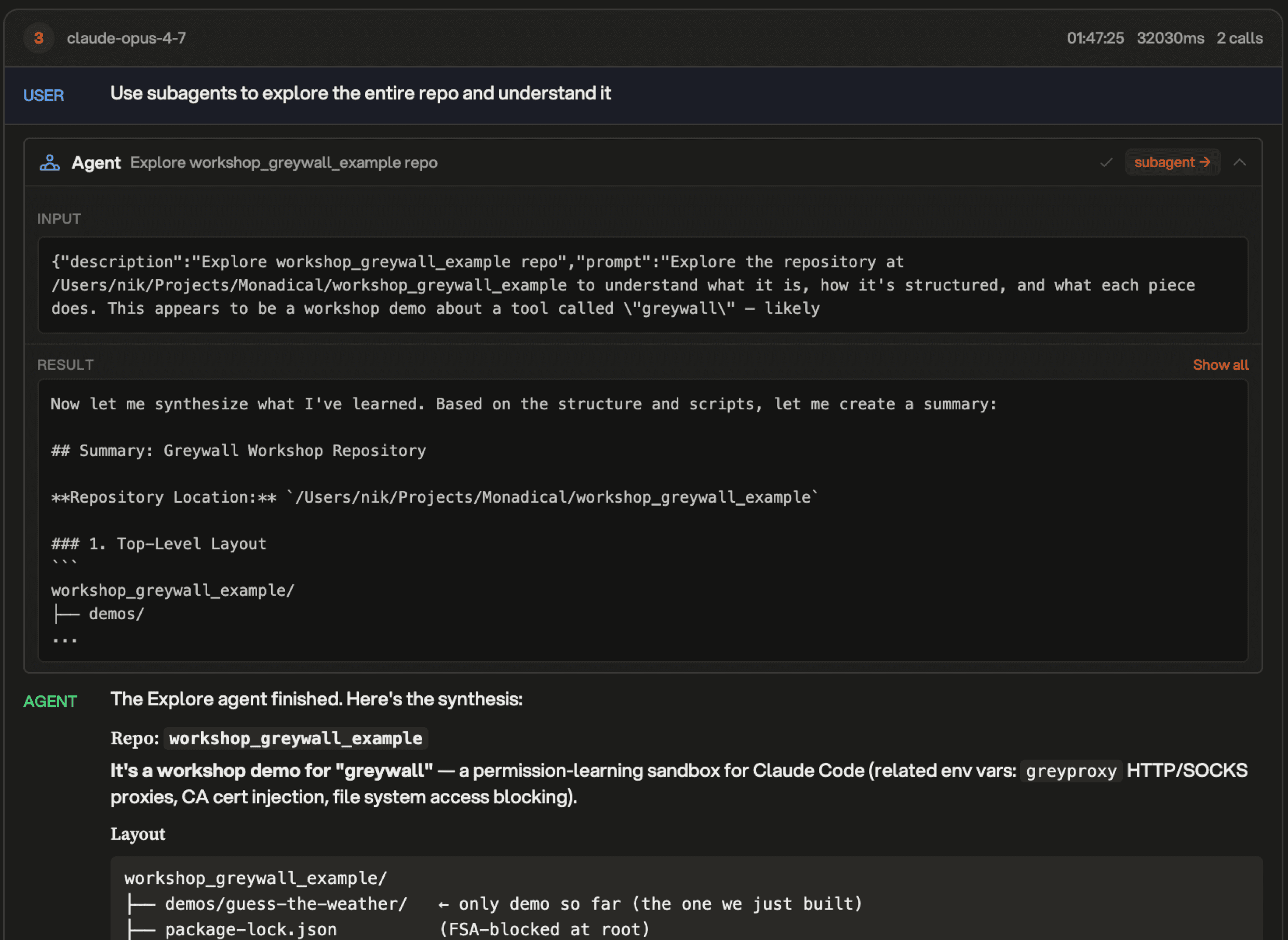 GreyProxy conversations view showing the prompts of the agent's subagents