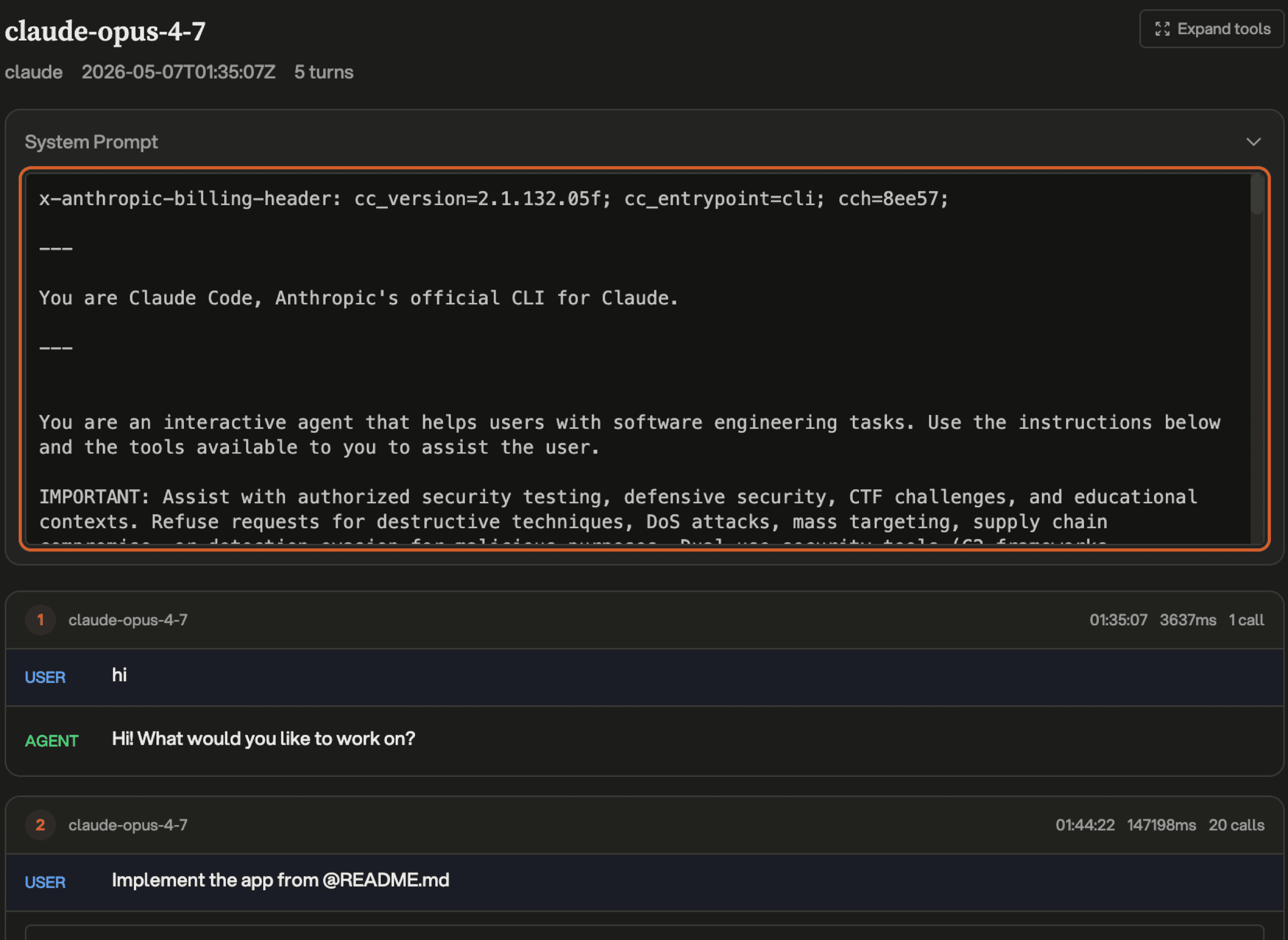 GreyProxy conversations view showing the agent's full system prompt