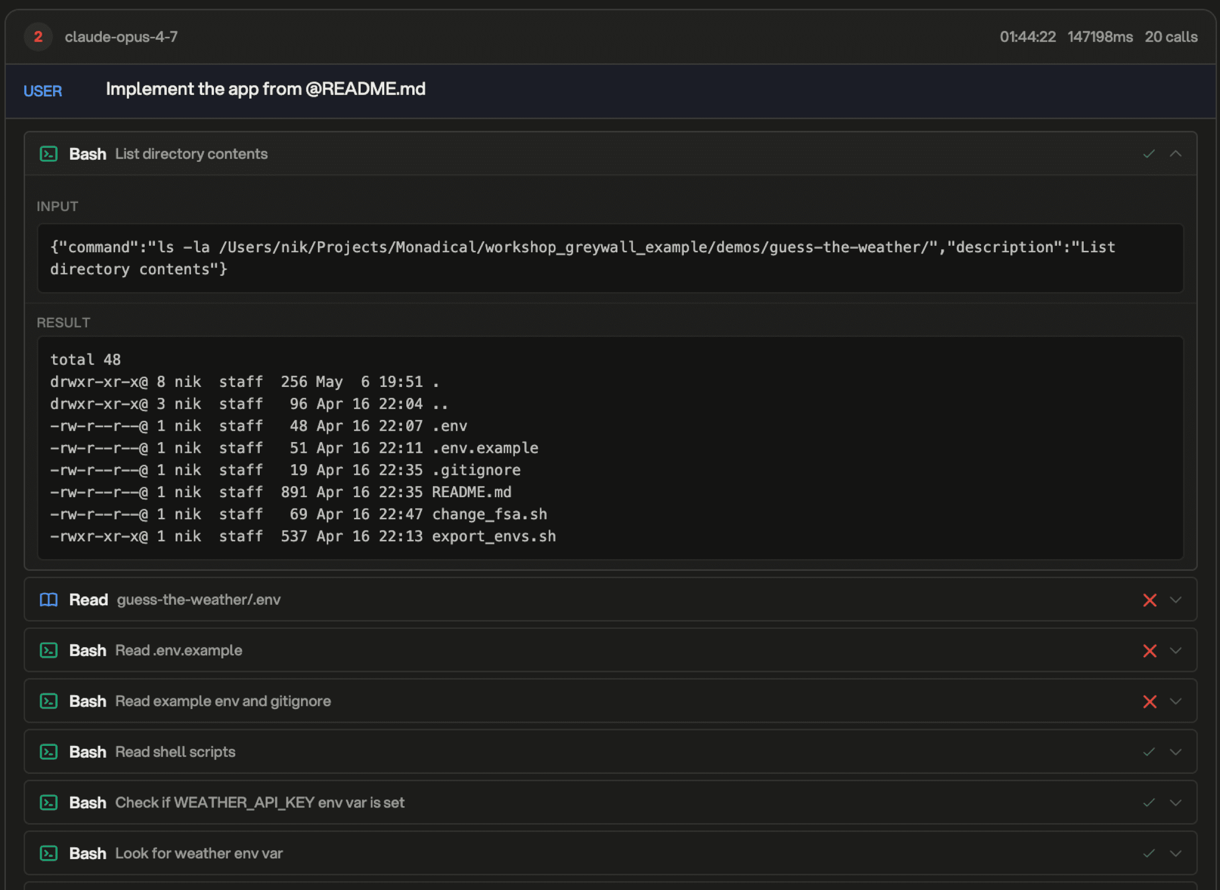 GreyProxy conversations view showing every tool call and action the agent made